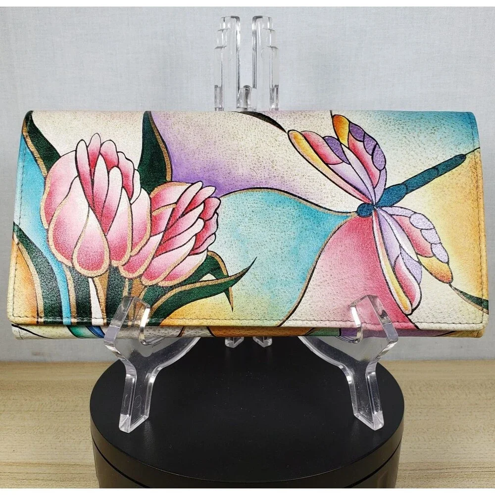 Anushka By Anna Stained Glass Art Dragonfly Genuine Leather Multi Pocket Wallet